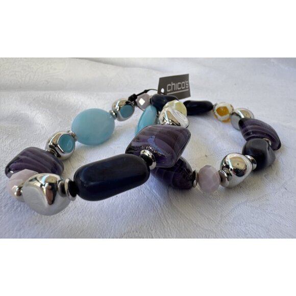 Chico's 2 PC Turquoise Blue Purple Silvertone Stretch Stackable Bracelet - NWT - Picture 4 of 16